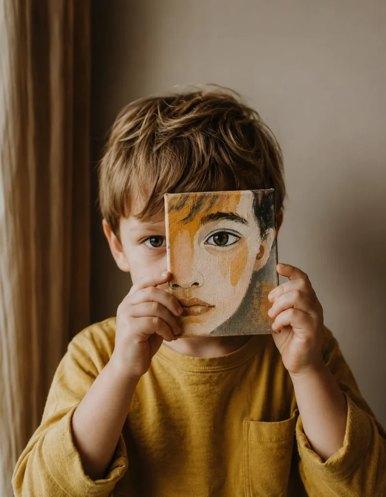 Niño posando con cuadro en la consulta de psicologia para terapia familiar
