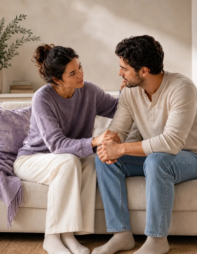 Una pareja hablando en el sofá de una consulta de psicología