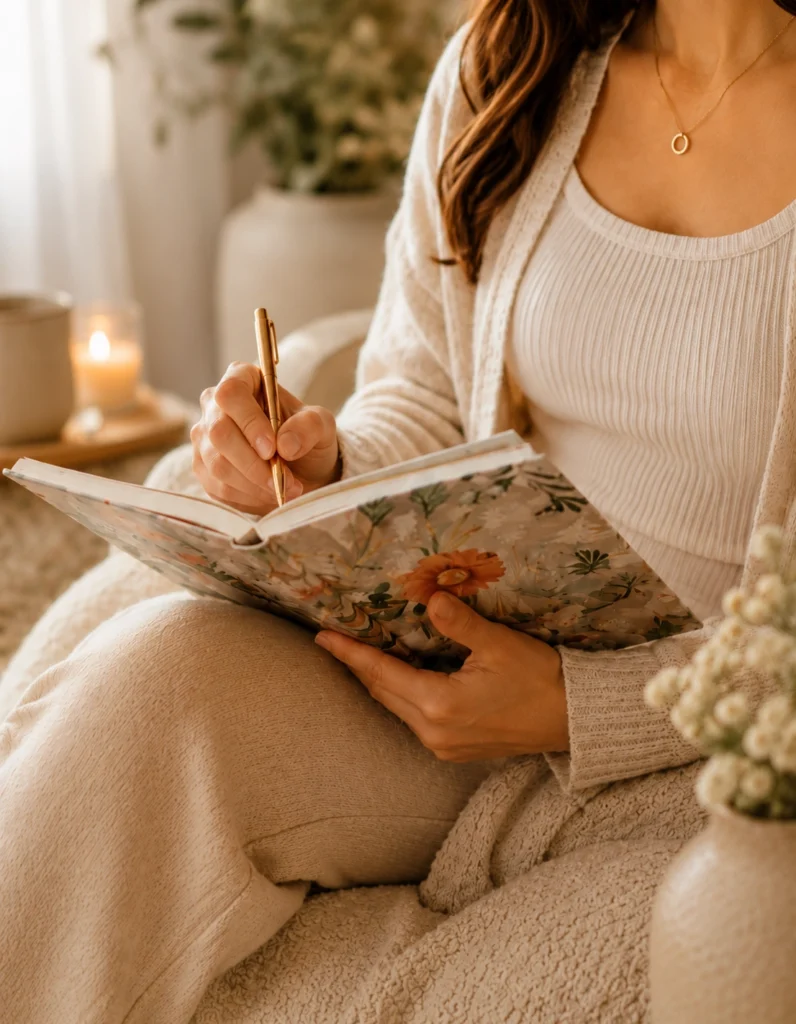 Mujer escribiendo en un diario en una habitación