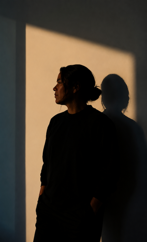 Persona en un espacio interior con luz y sombra, símbolo de introspección, proceso terapéutico y salud mental.