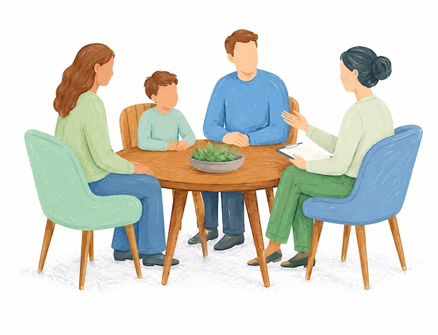 Ilustración de una familia en una sesión de terapia familiar con una psicóloga, trabajando la comunicación, el vínculo y la convivencia.