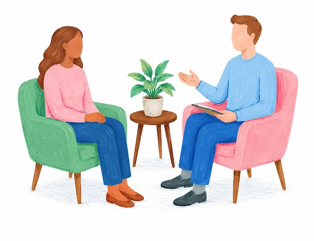 Ilustración de una persona en una sesión de terapia individual con un psicólogo, en un entorno tranquilo de acompañamiento emocional.
