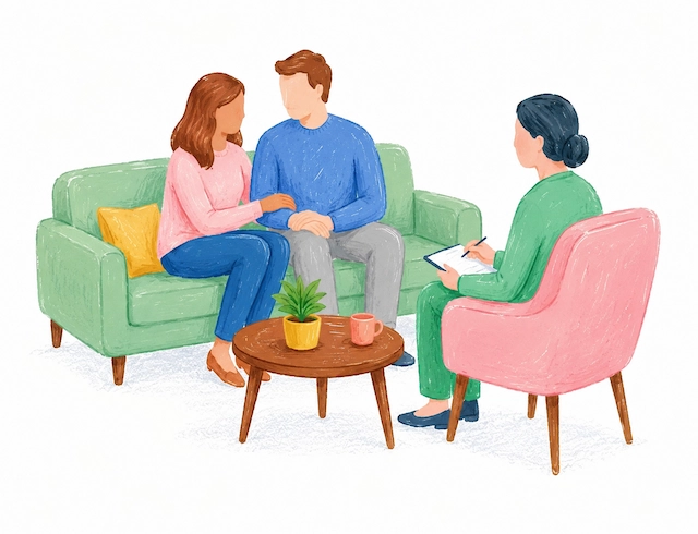 Ilustración de una pareja en una sesión de terapia, acompañada por una psicóloga, trabajando la comunicación y el vínculo emocional.